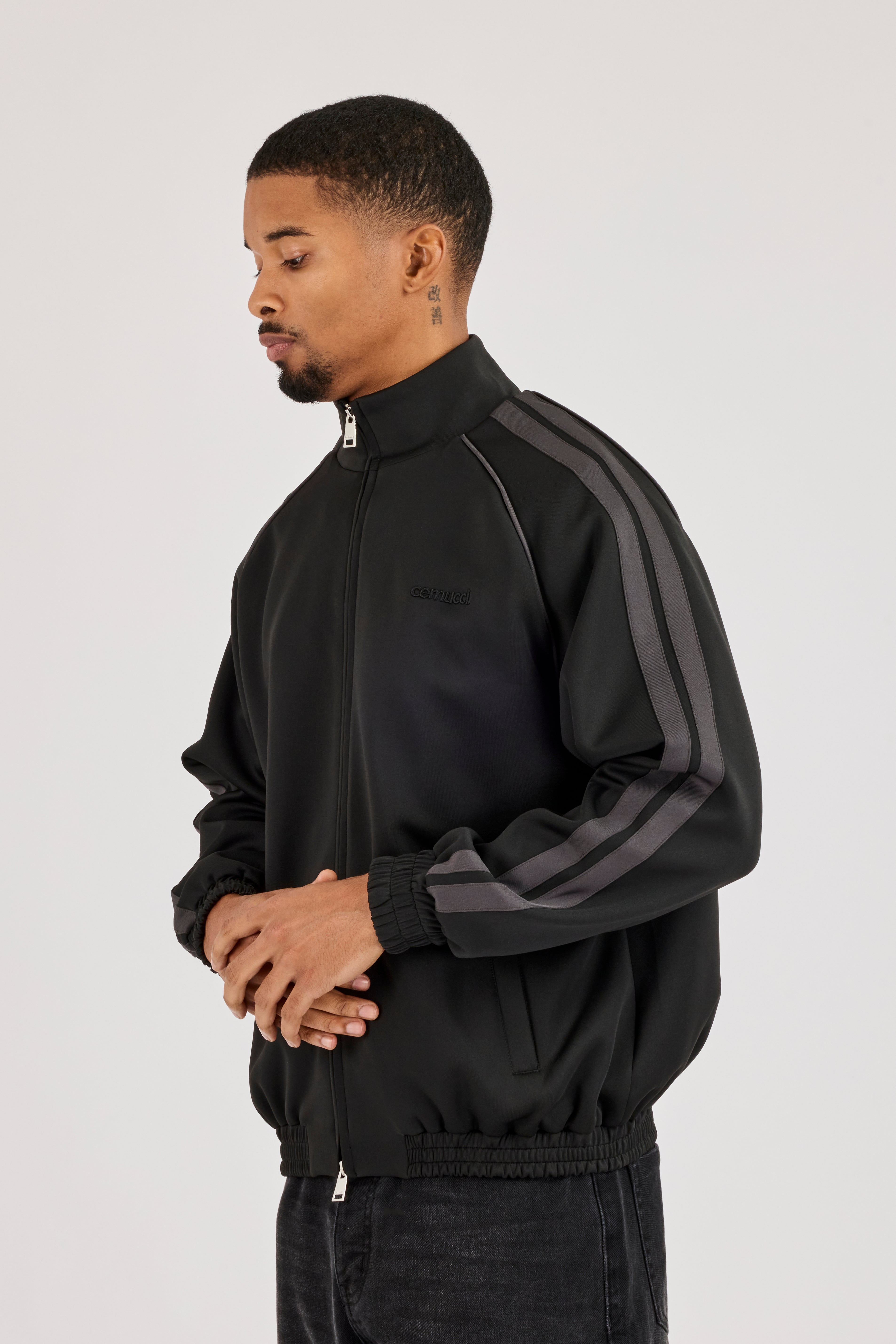 Funnel Neck Tape Detail Track Jacket - Black